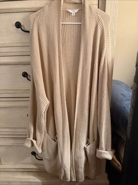 Time and Tru Tan Open-Front Ribbed Cardigan with Pockets